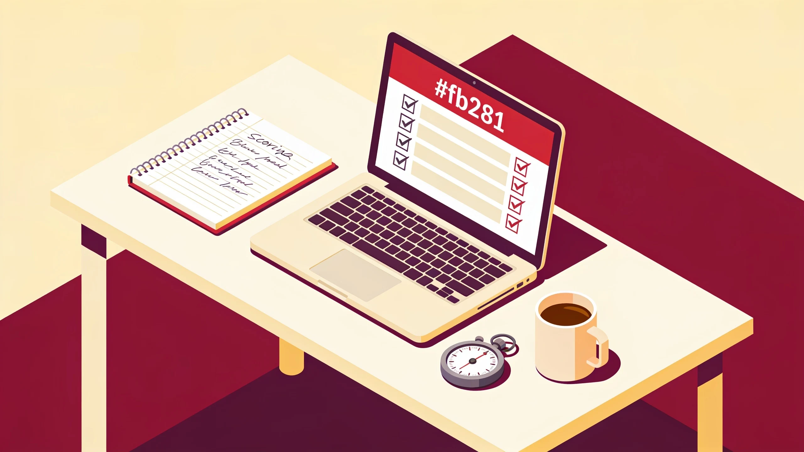 Isometric illustration of a reviewer's desk with a laptop, notes, and a timer