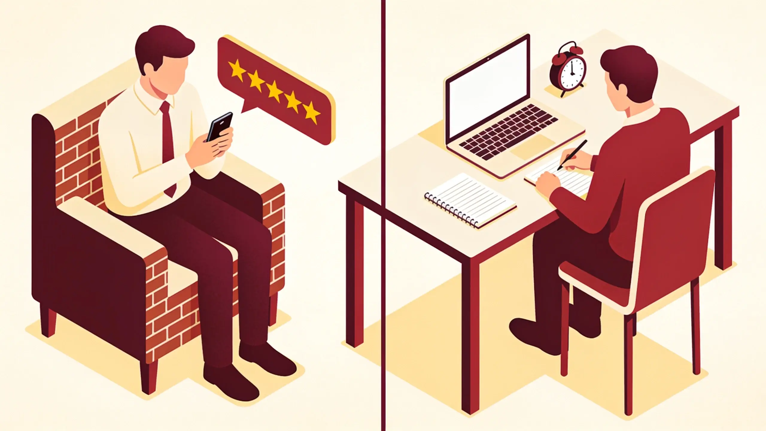 Isometric illustration contrasting someone rating a platform with someone auditing it