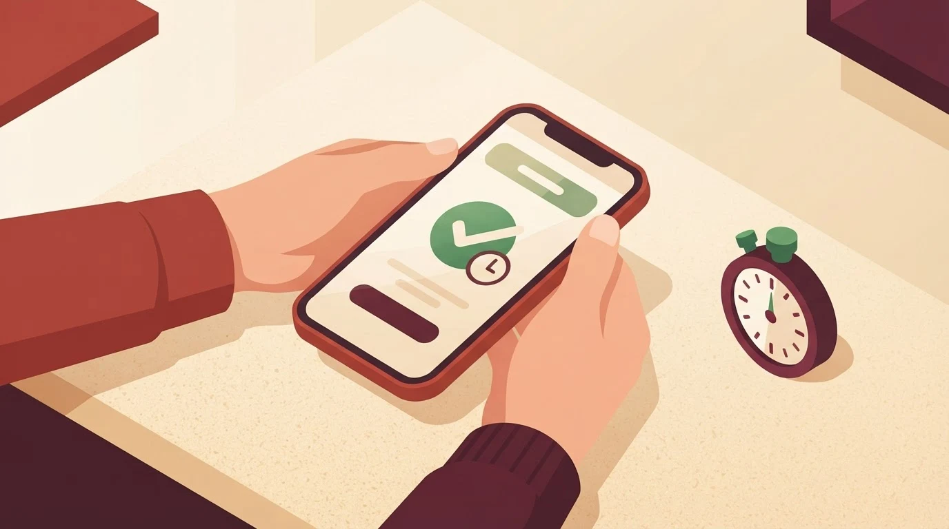 Isometric illustration of hands holding a phone showing a withdrawal confirmation beside a stopwatch