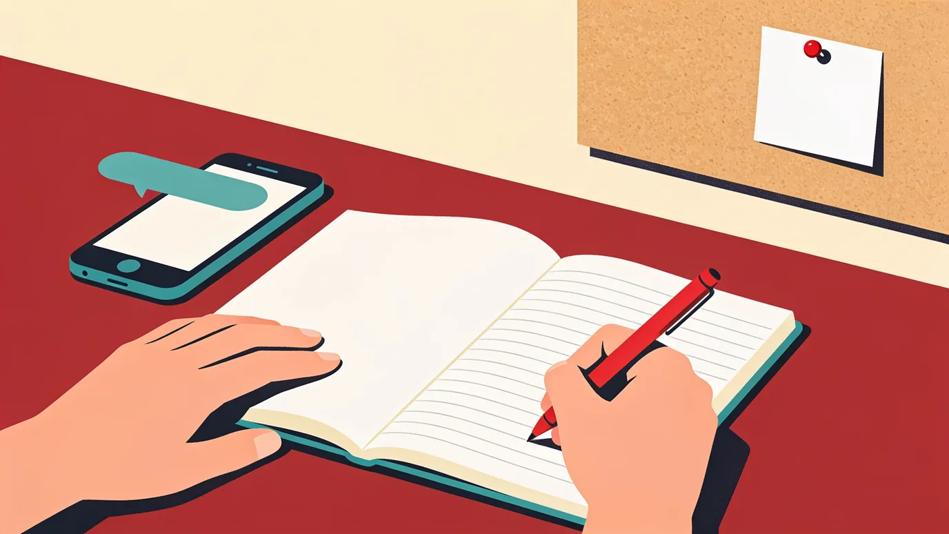 Isometric hands writing in notebook with red pen and phone