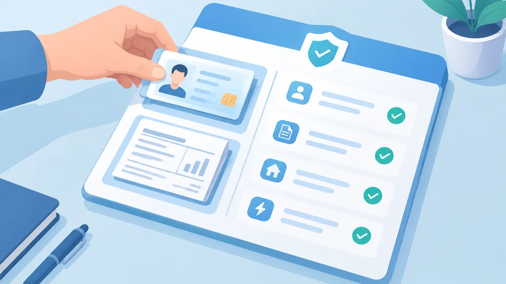 Hand placing an ID card and a utility bill beside a verification form