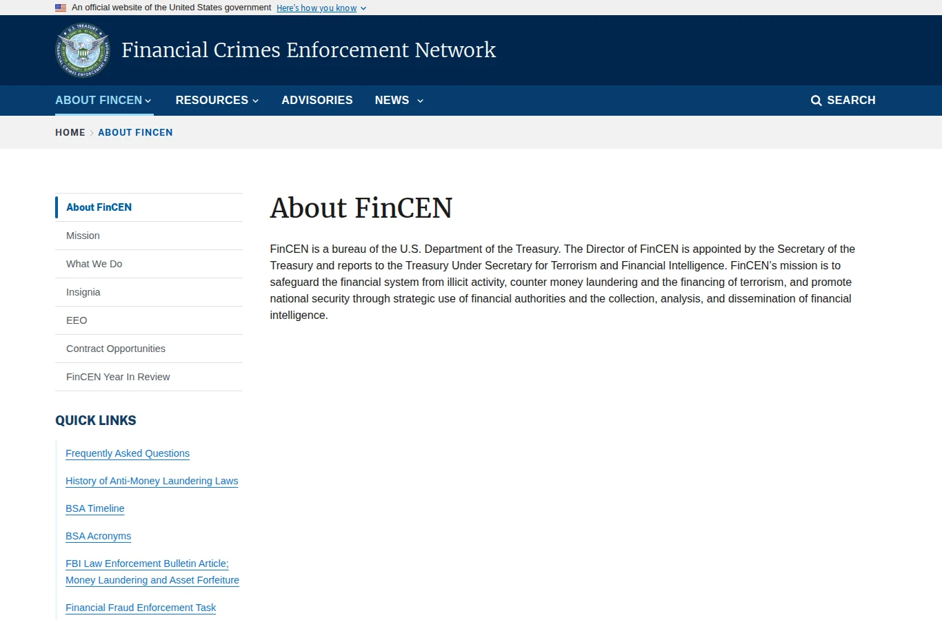 Screenshot of FinCEN's official About FinCEN webpage